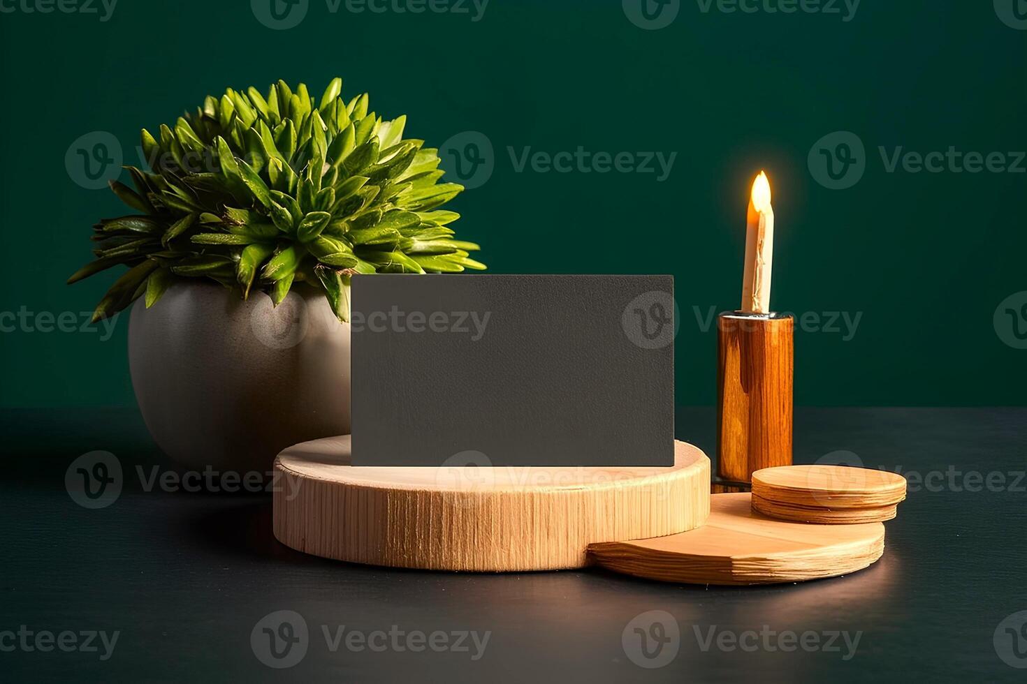 An empty dark color business card mockup is presented on table photo