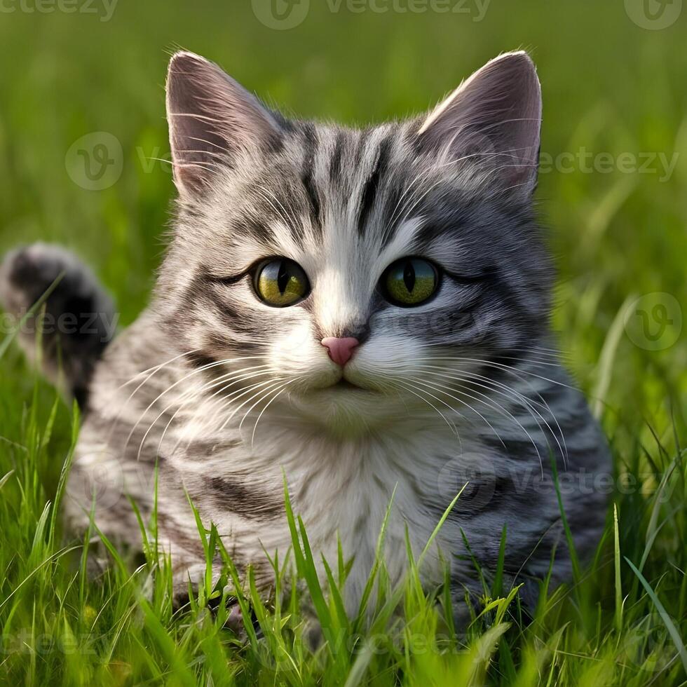 Close up view of a cute cat is in a grass field photo