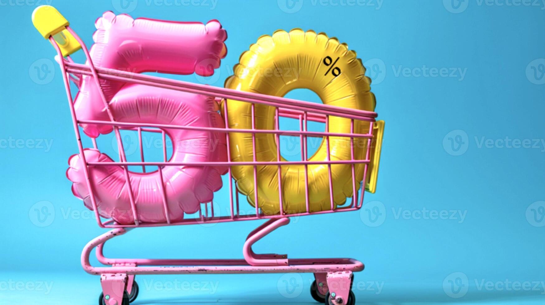 inflatable 50 percent in a pink shopping cart on a blue background photo