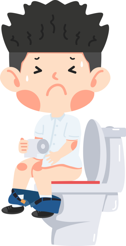Kid sits on the toilet holding a roll of paper png
