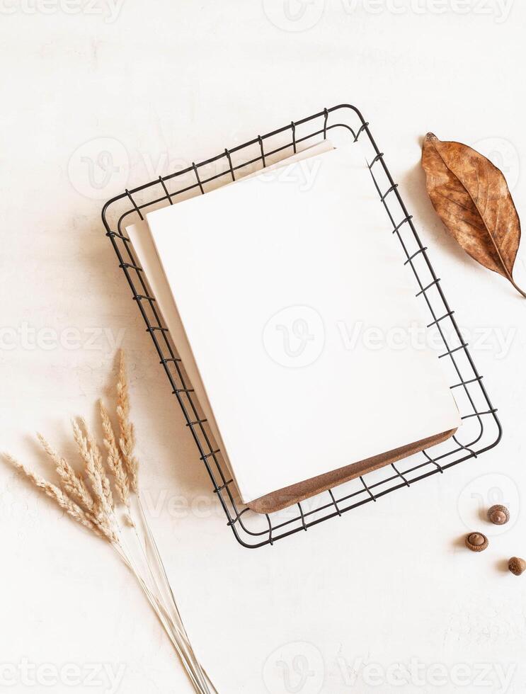 Empty blank white magazine or catalog cover mock up, autumn leaf and acorns and dried grass photo
