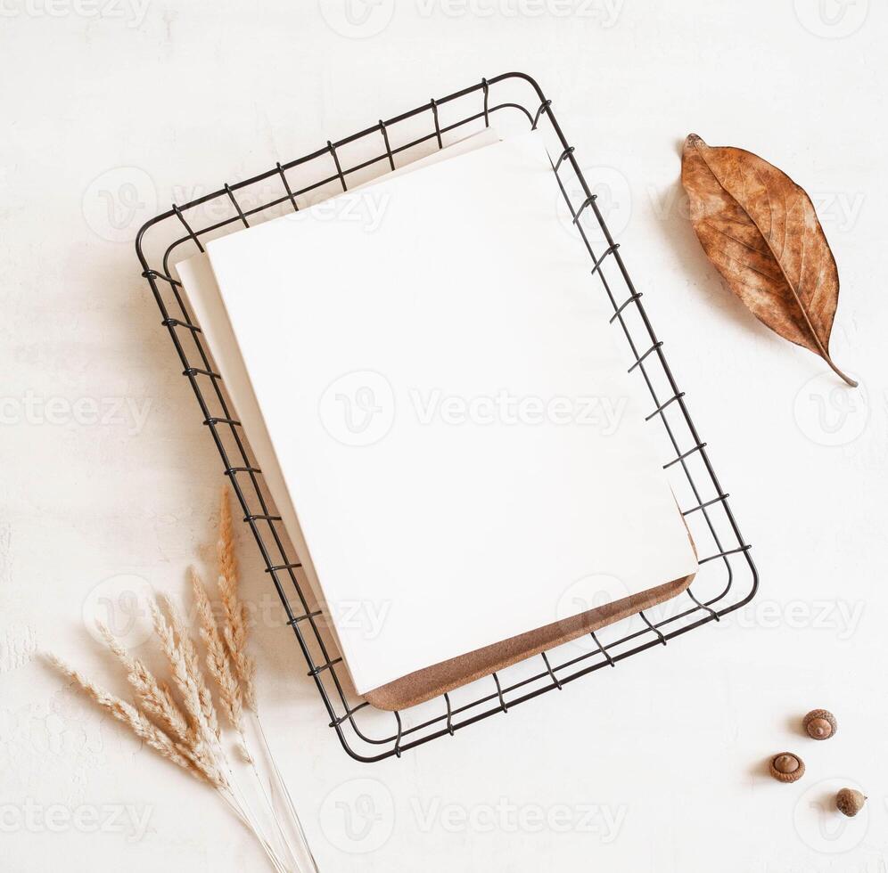 Empty blank white magazine or catalog cover mock up, autumn leaf and acorns and dried grass photo