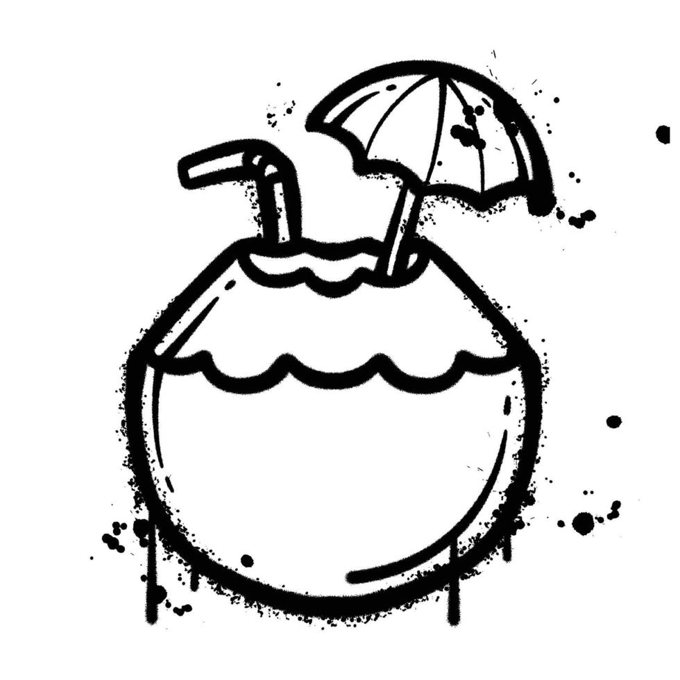 Coconut with Umbrella and Straw, Black and White Graffiti Spray Paint Design vector