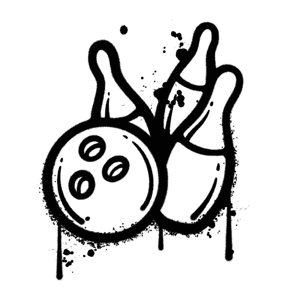 Black and White Graffiti Spray Paint Illustration of Bowling Pins and Ball vector