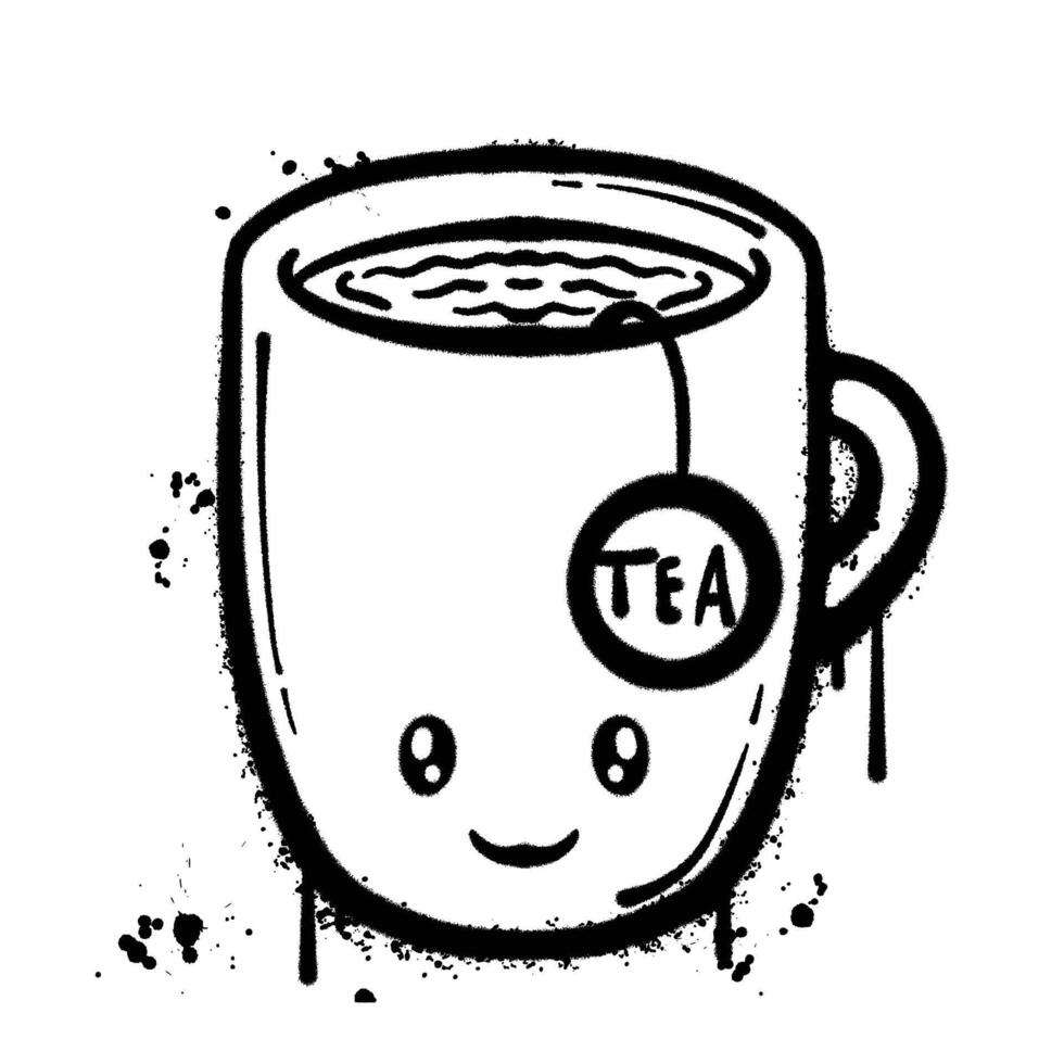A Black and White Graffiti spray Illustration of a Smiling Teacup with a Tea Bag vector