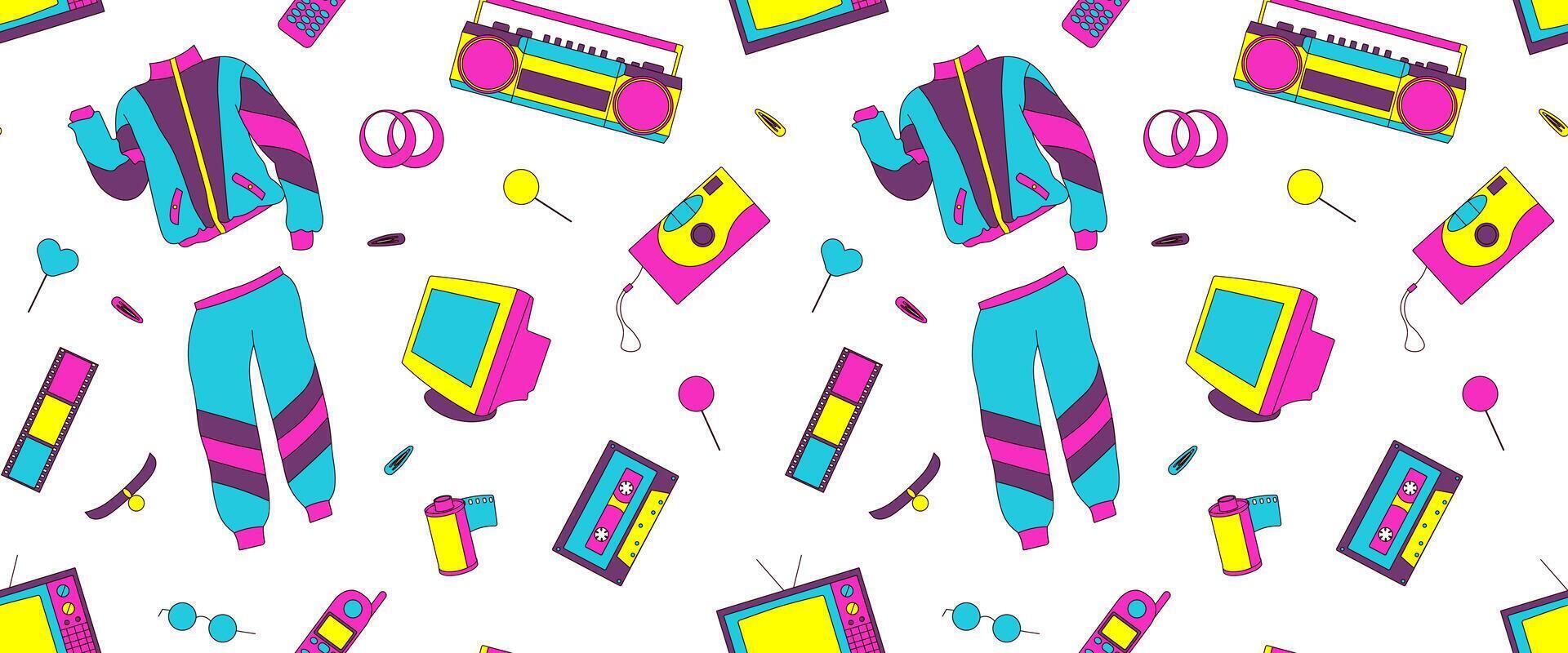 Seamless Pattern with 90s Retro Elements on a White Background vector