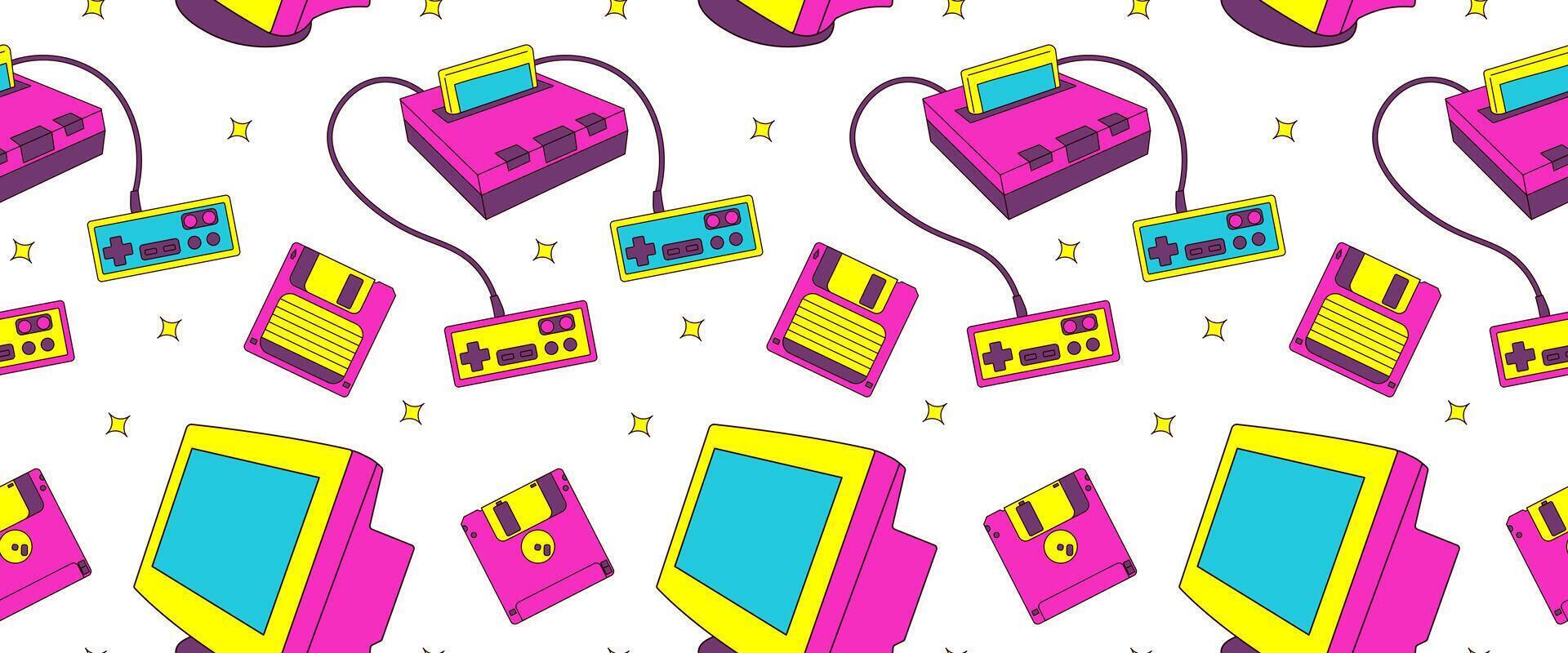 Seamless Pattern with 90s Retro Elements, Game Objects vector
