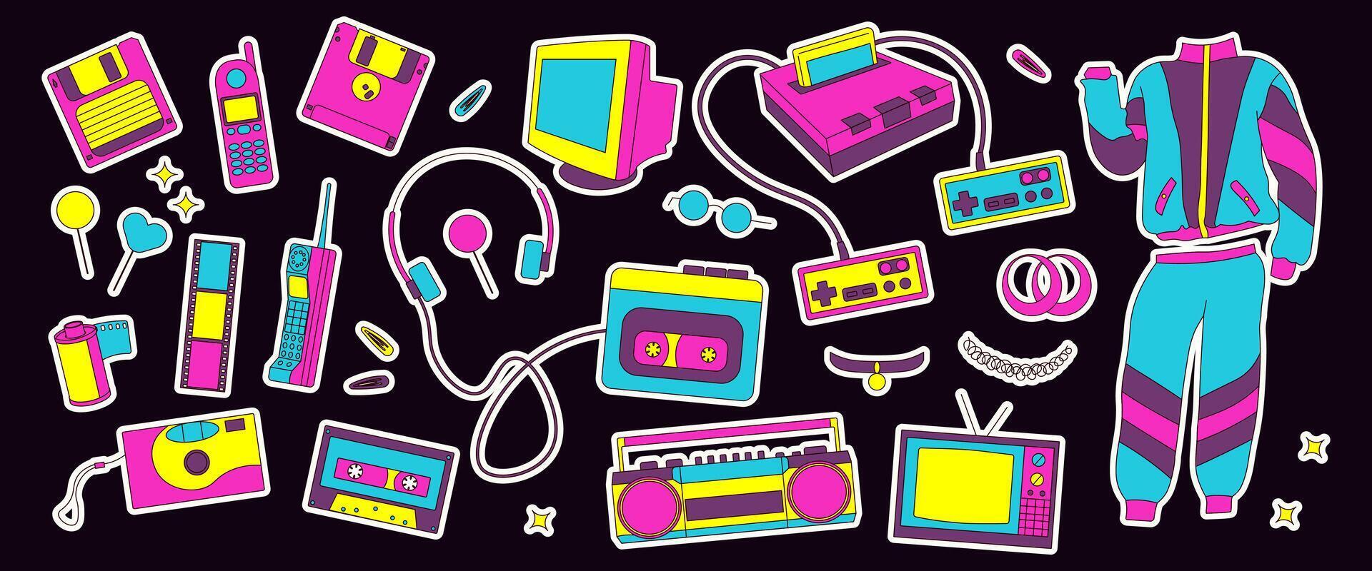 Set of Stickers with 90s Retro Elements vector