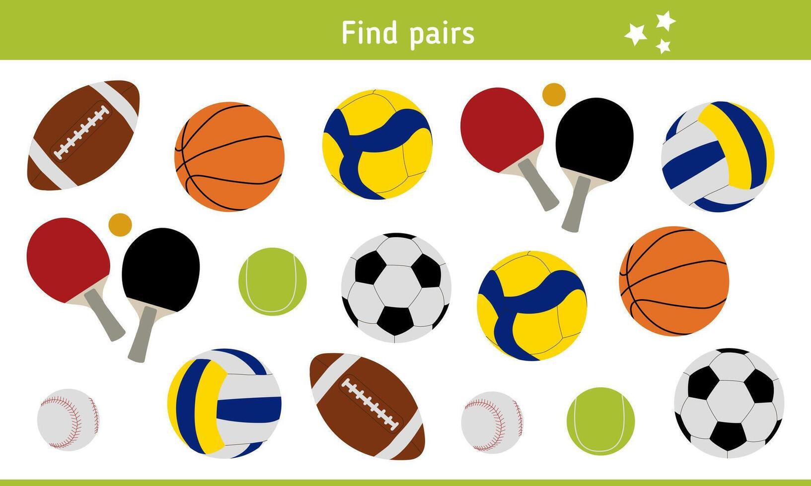Find Pairs for Balls for Various Sports Games, Inventory for Sportsmen. Children's Educational Game, Logical Task. Riddle, Quiz for Kids vector