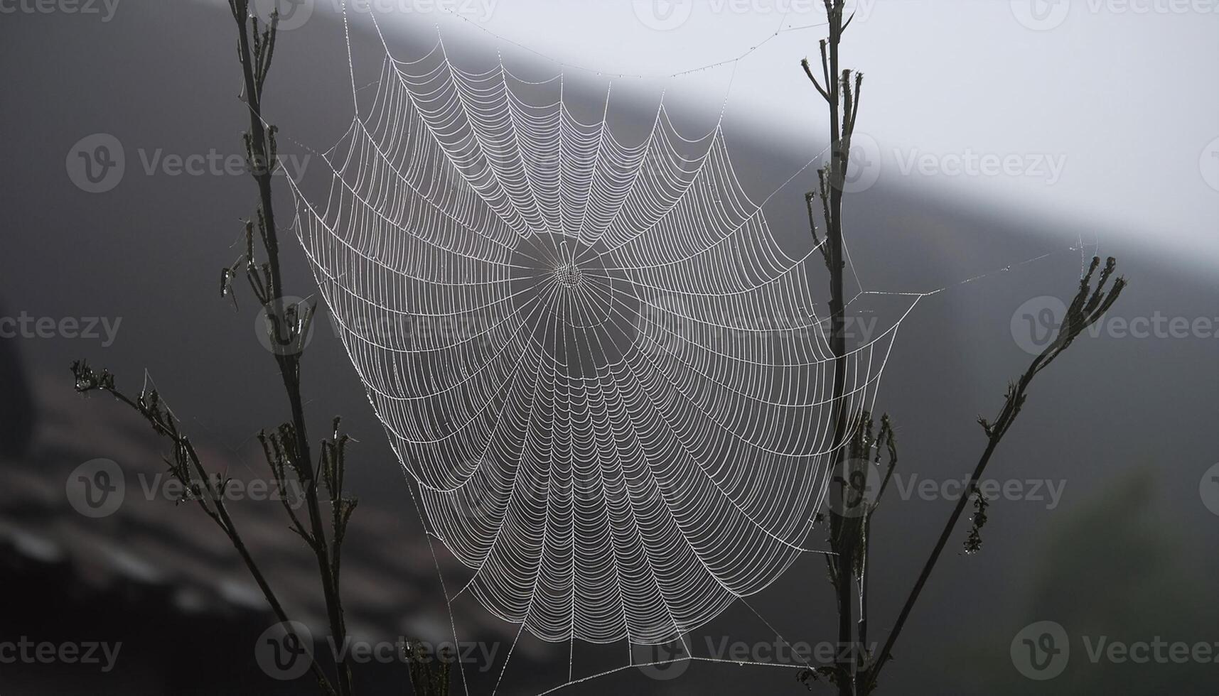 a spider web is seen in the foggy morning photo