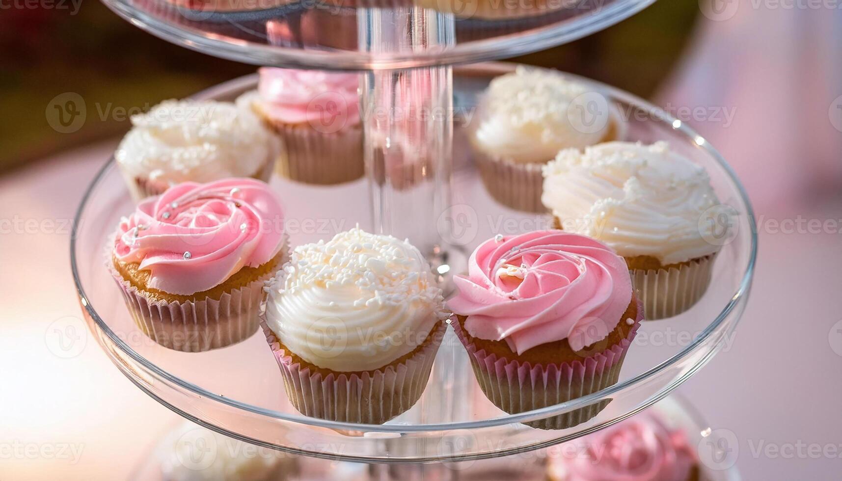 a clear tiered stand holds cupcakes with pink frosting photo