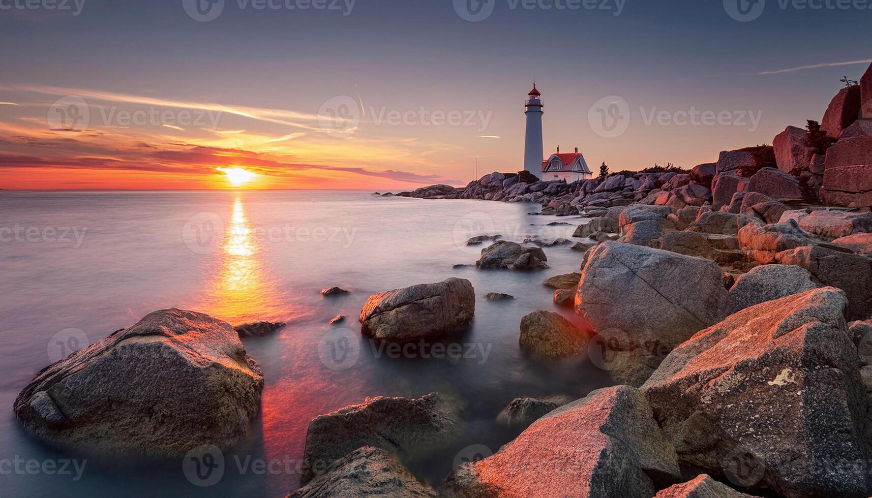 a lighthouse is seen at sunset on the shore photo
