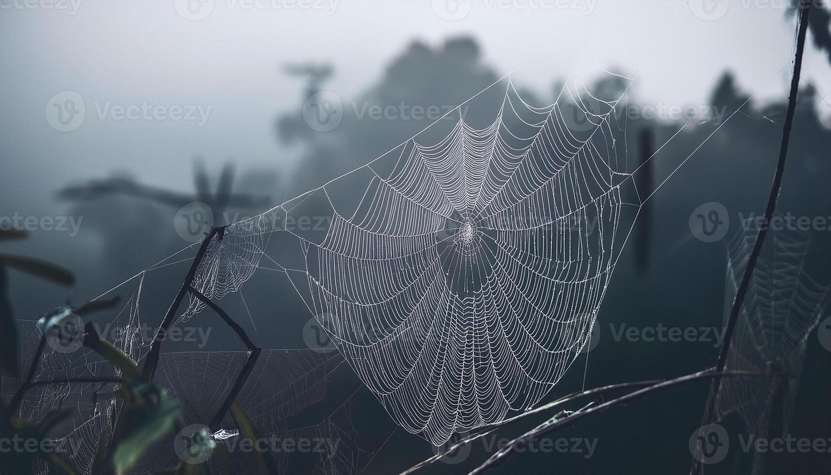 a spider web is seen in the foggy morning photo