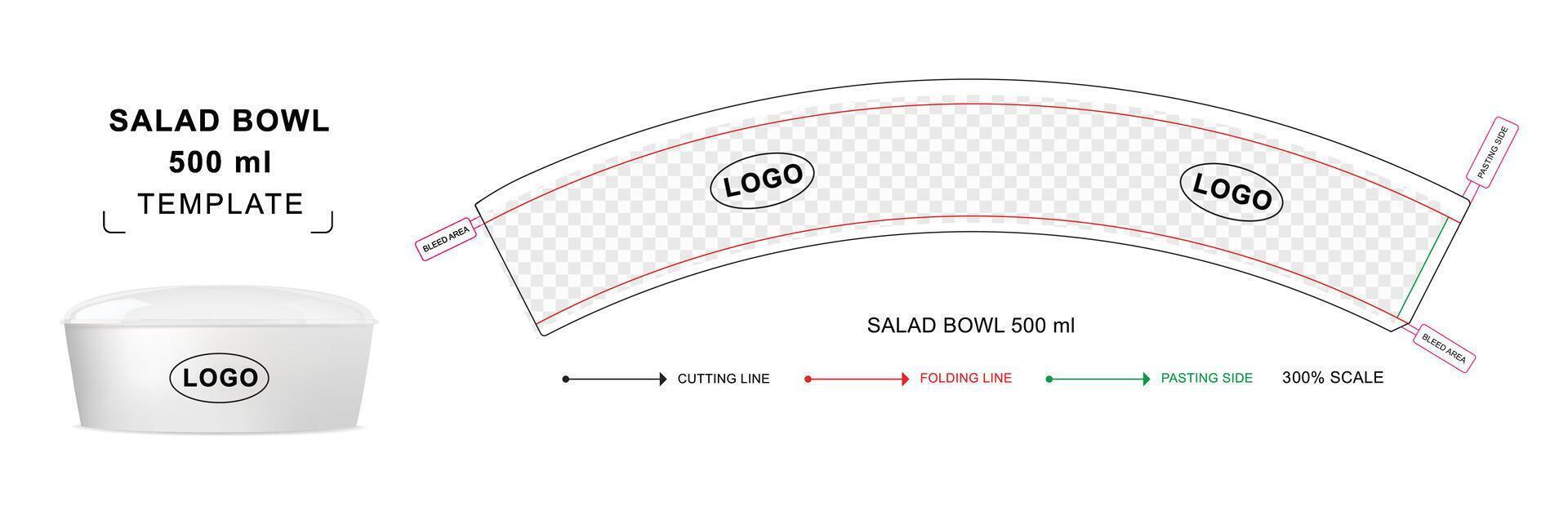 Salad Bowl container die cut template for 500 ml with 3D blank mockup vector