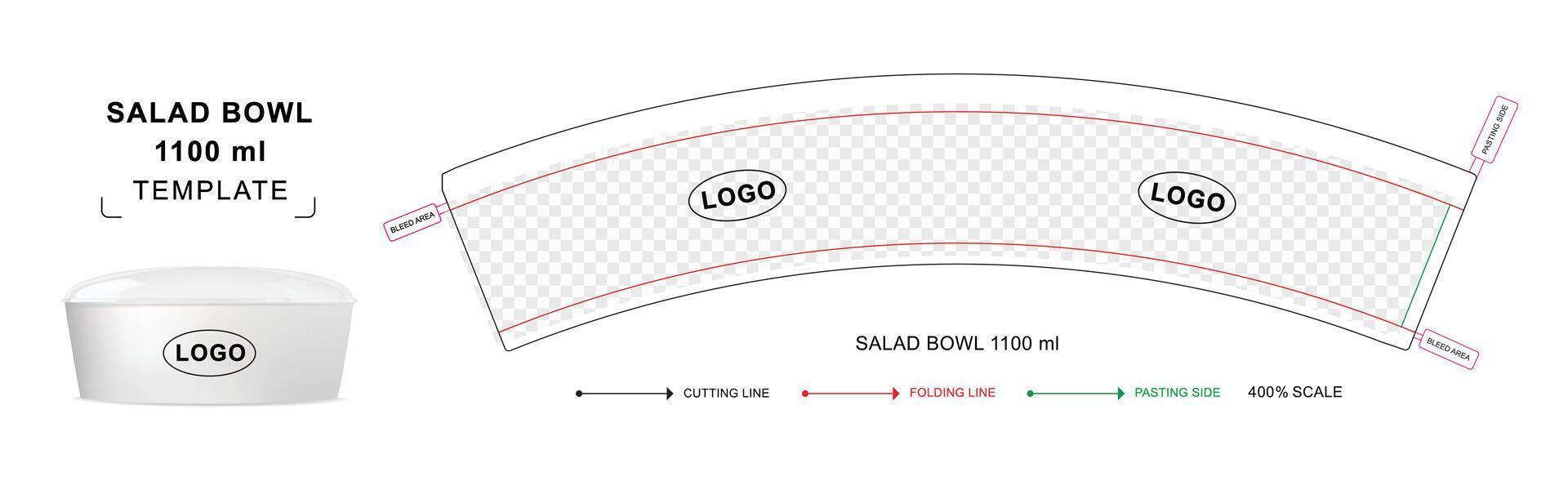 Salad Bowl container die cut template for 1100 ml with 3D blank mockup vector