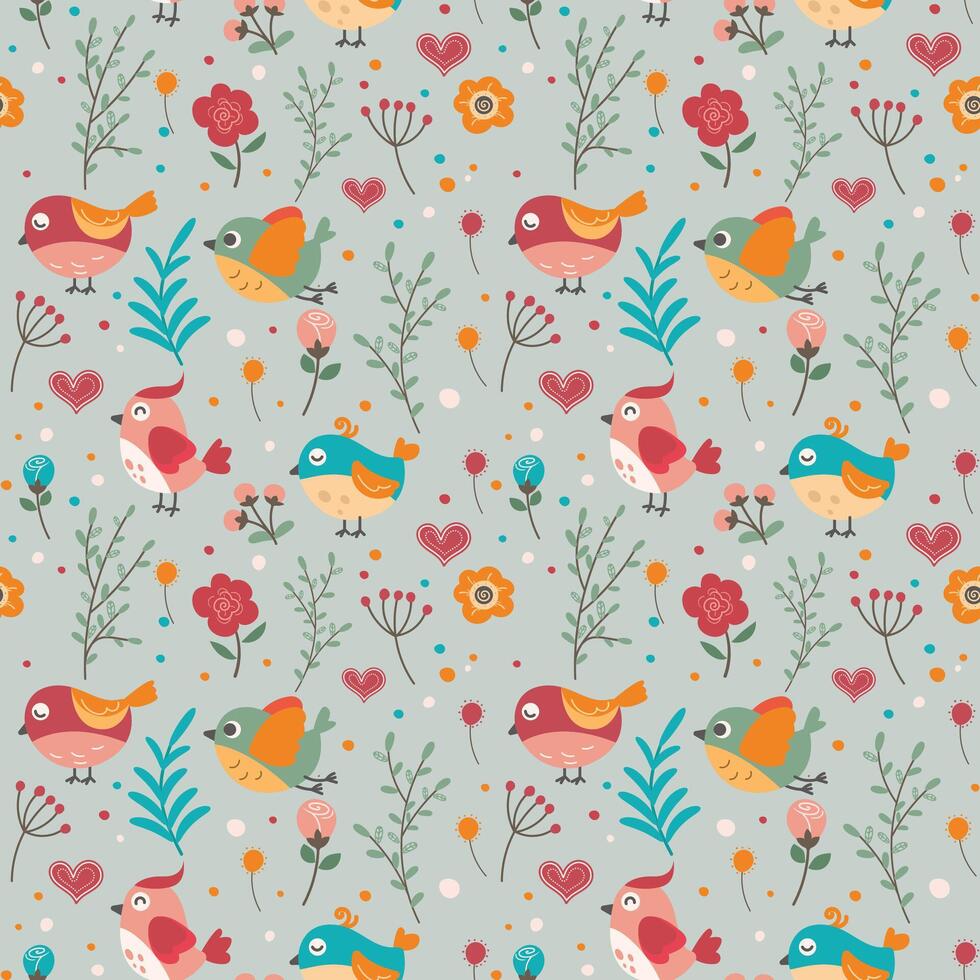 Seamless pattern with cute birds and flowers with Scandinavian Style vector