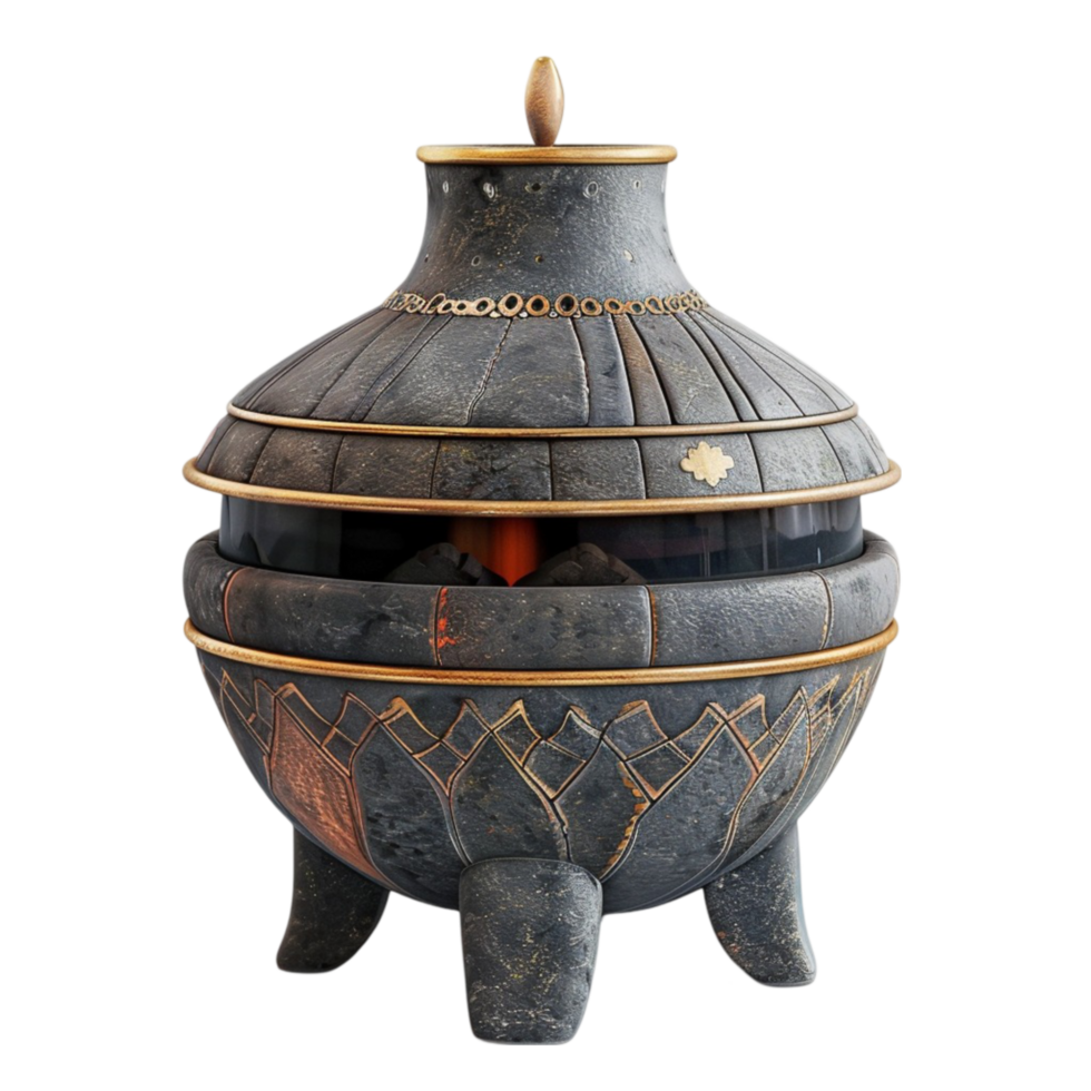 Black and Gold Pot with Fire Inside on Transparent Background AI-Generative png