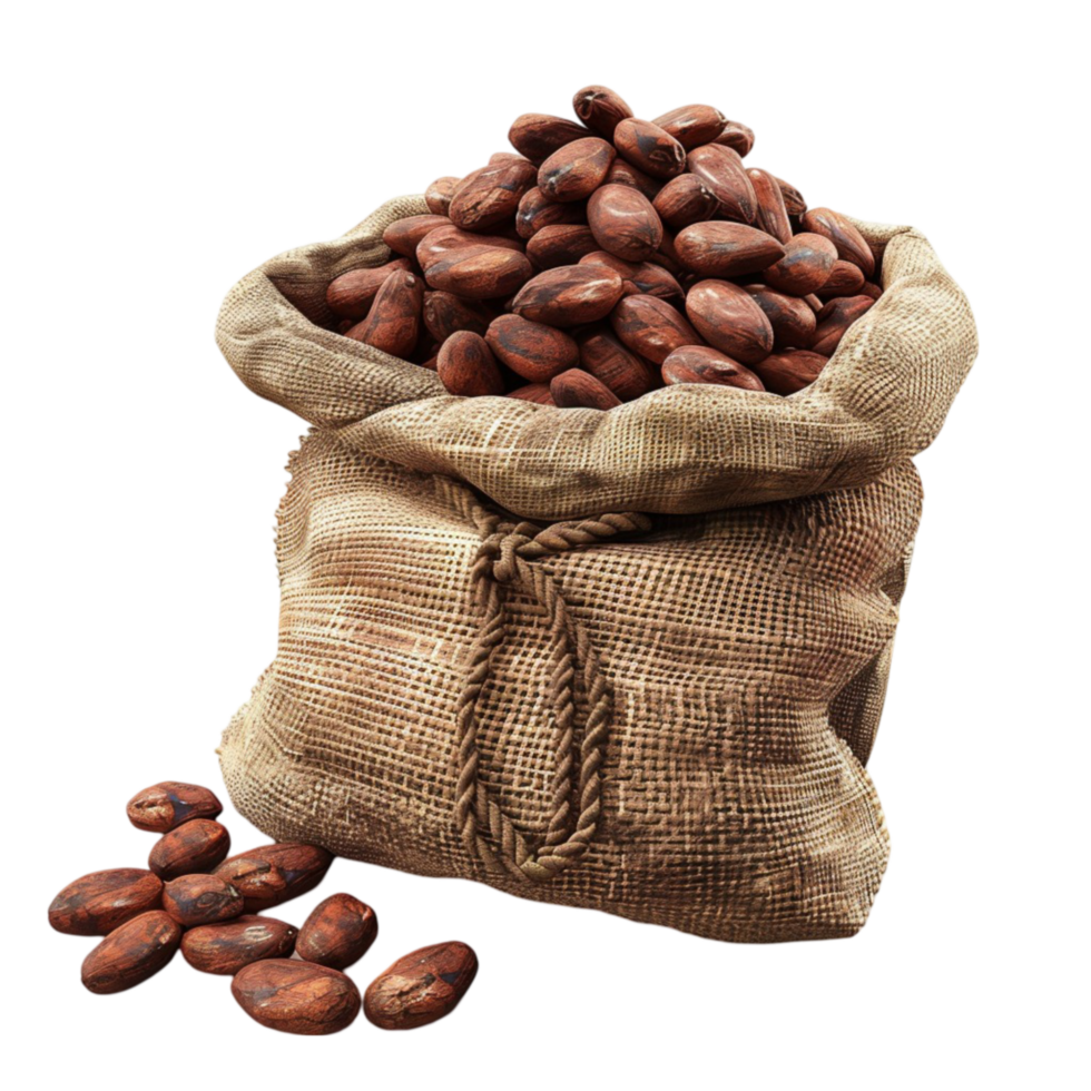 Dried Cocoa Beans in Burlap Sack Isolated on Transparent Background AI-Generative png