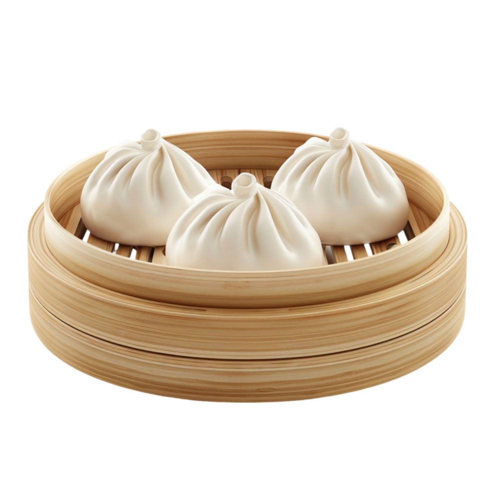 Chinese Dumplings in Bamboo Container on Transparent Background AI-Generative png