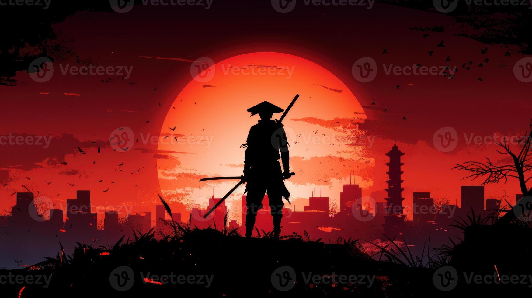 the silhouette of a japanese soldier with sword in cityscape area, photo