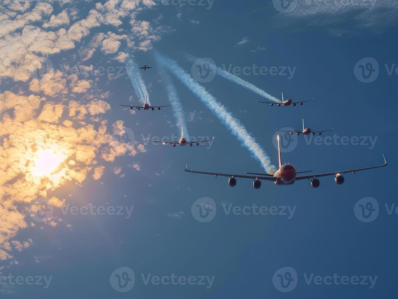 several planes fly overhead under an unusual cloudy sky, photo