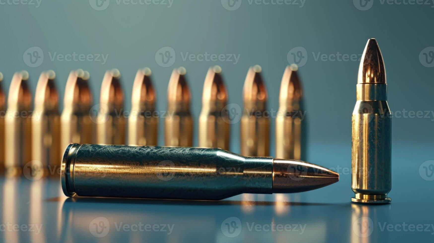 a single bullet and several bullet casings on a table, photo
