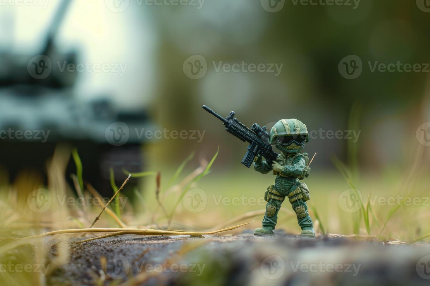 toy soldier with machine gun and tank in background, photo