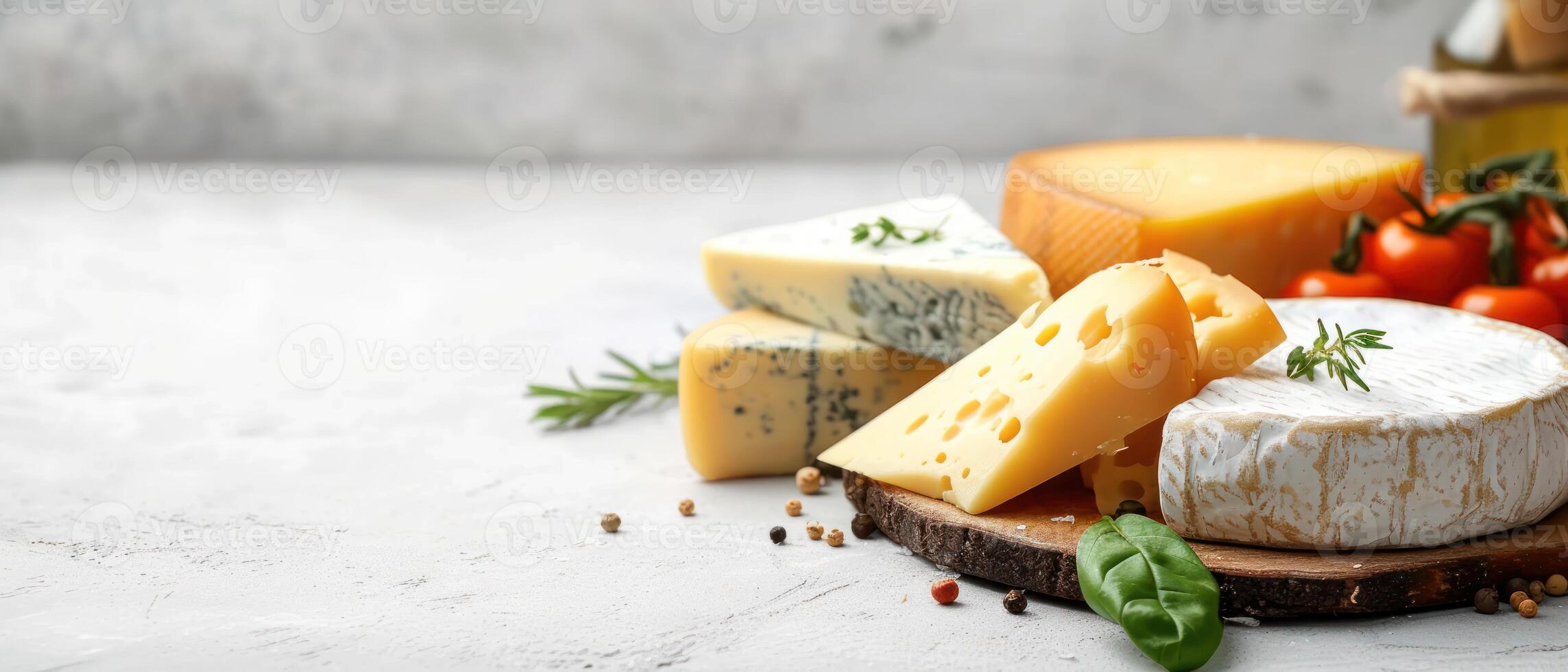 some different types of cheese and fruit on a wooden platter, photo