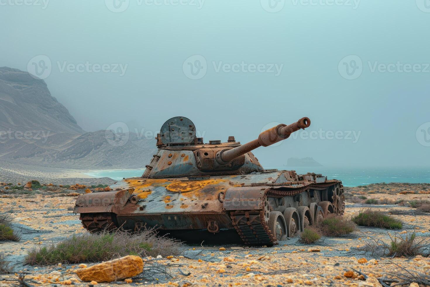 an old rusted out military tank in a desert, photo