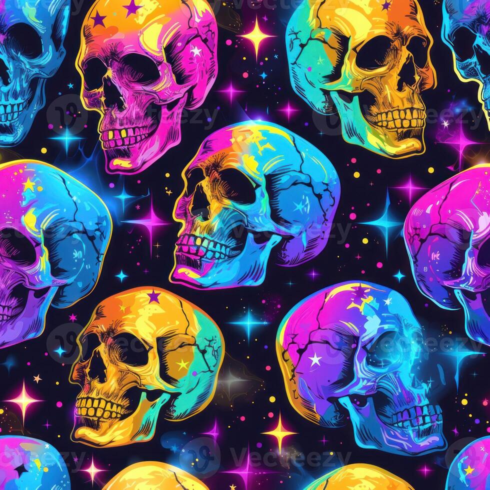 colorful skulls on a black background are depicted and appear to be a galaxy, photo