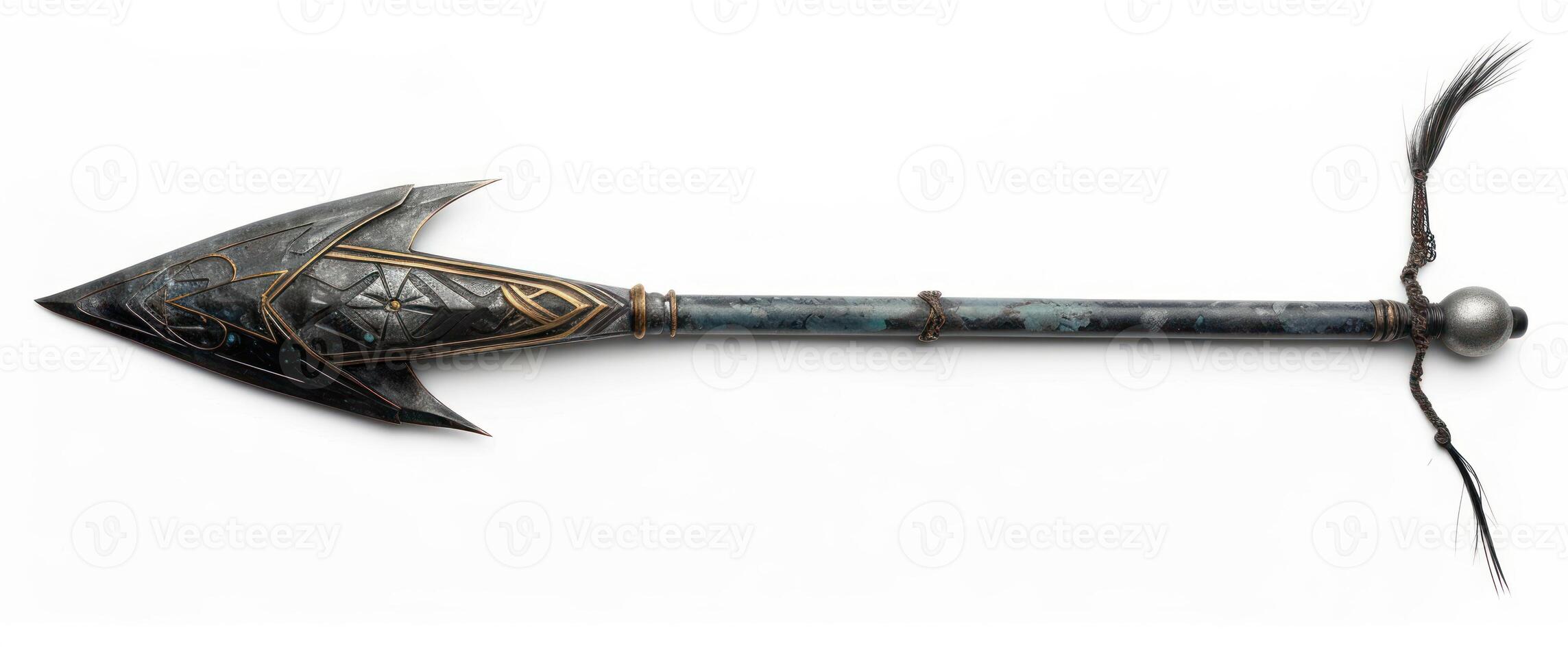 an old weapon is pictured with two feathers laying on it, photo