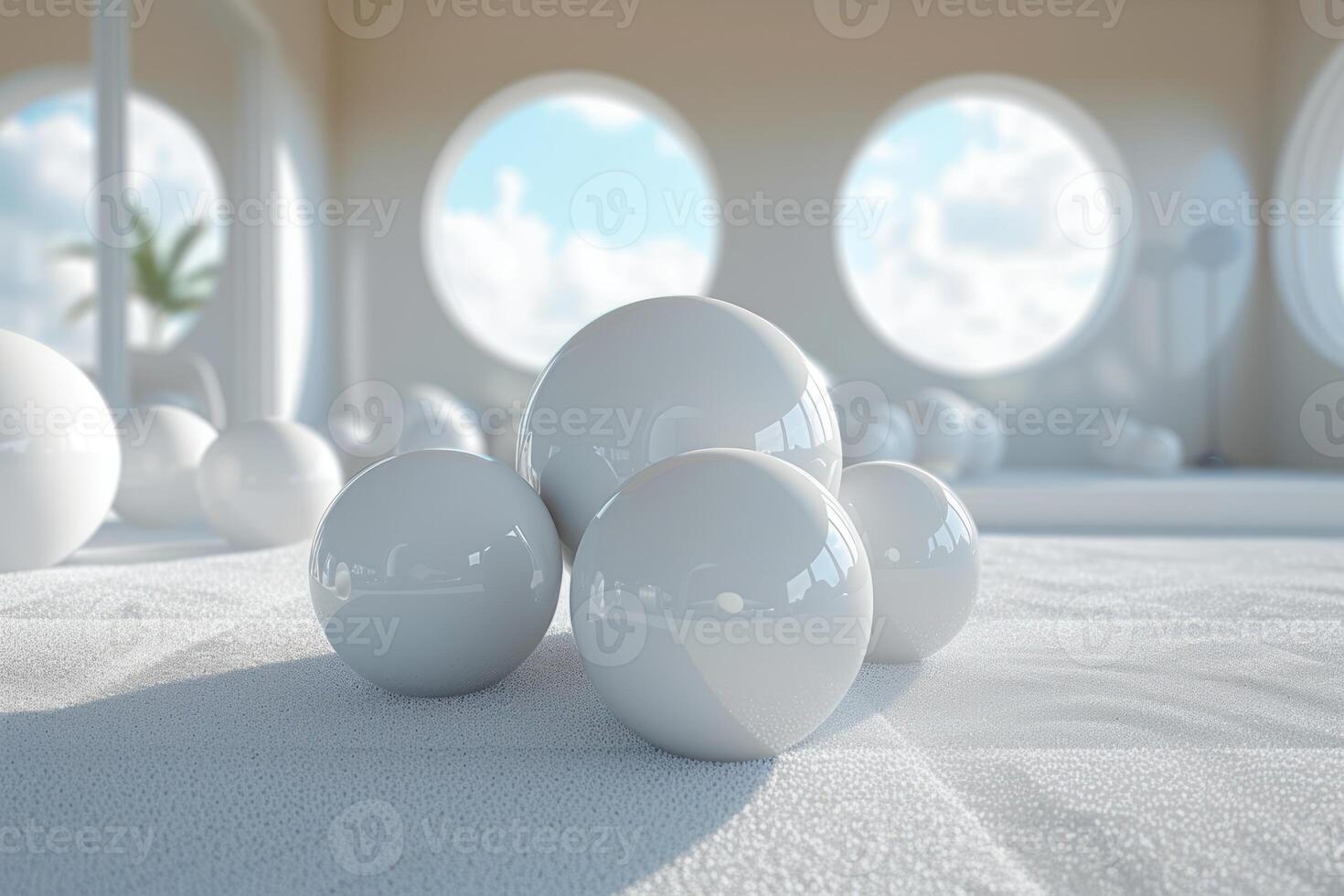 white glass balls are arranged on the floor of a room, photo