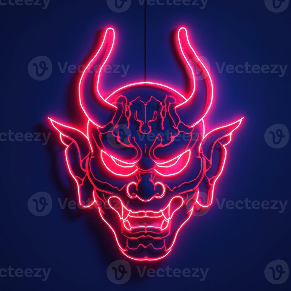 a red neon devil mask in an art - craft setting, photo