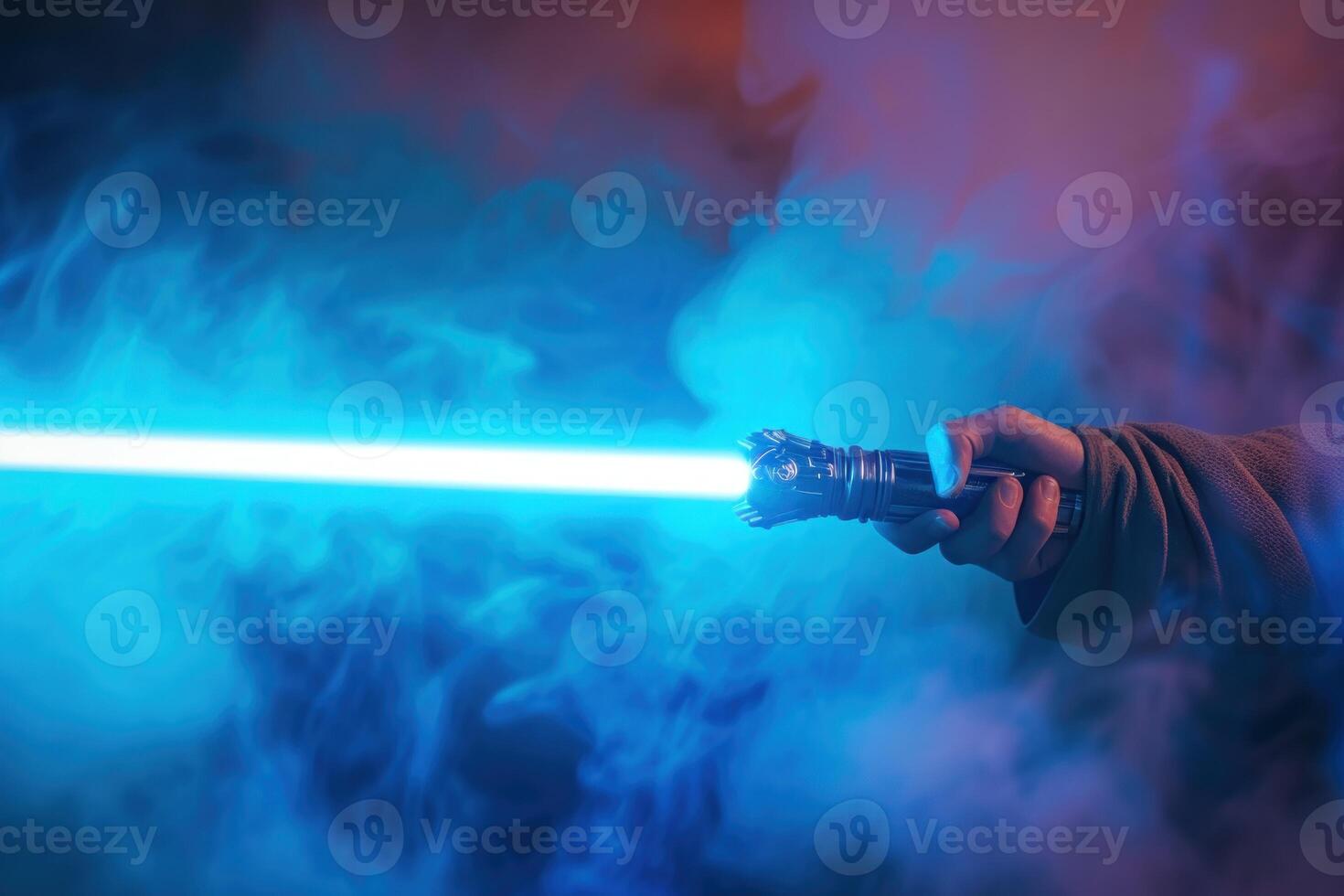 someone holding a light saber with smoke behind them, photo