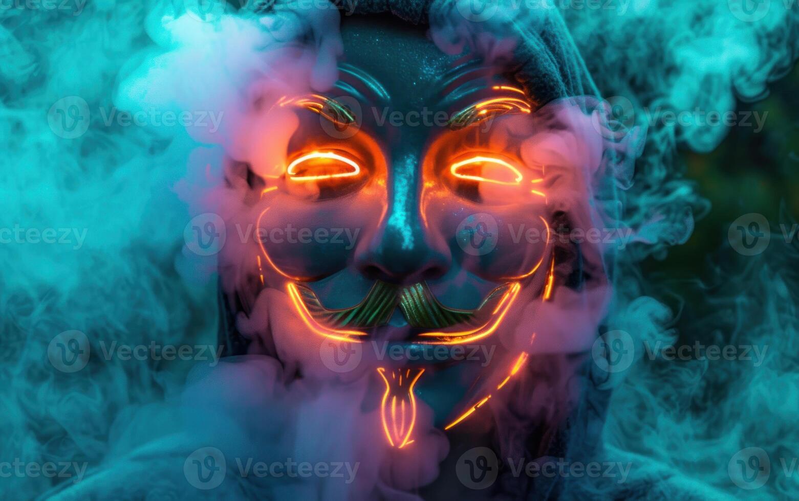 man in neon mask hiding behind a cloud, with smoke billowing from his face, photo