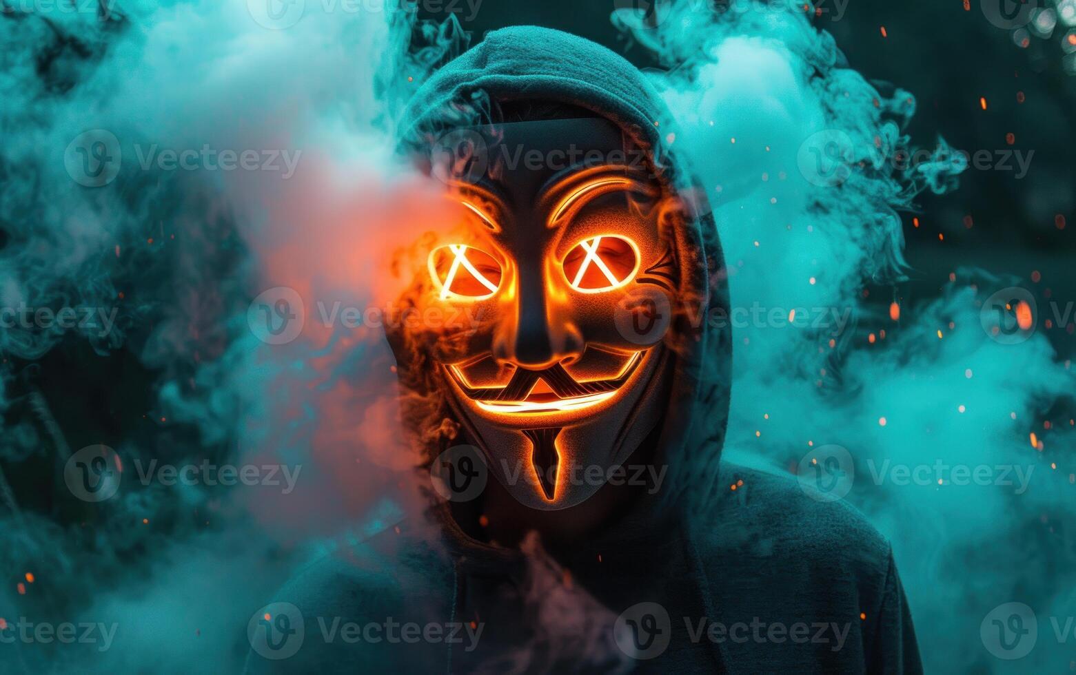 a guy wearing an anonymous man's mask in front of fire, photo