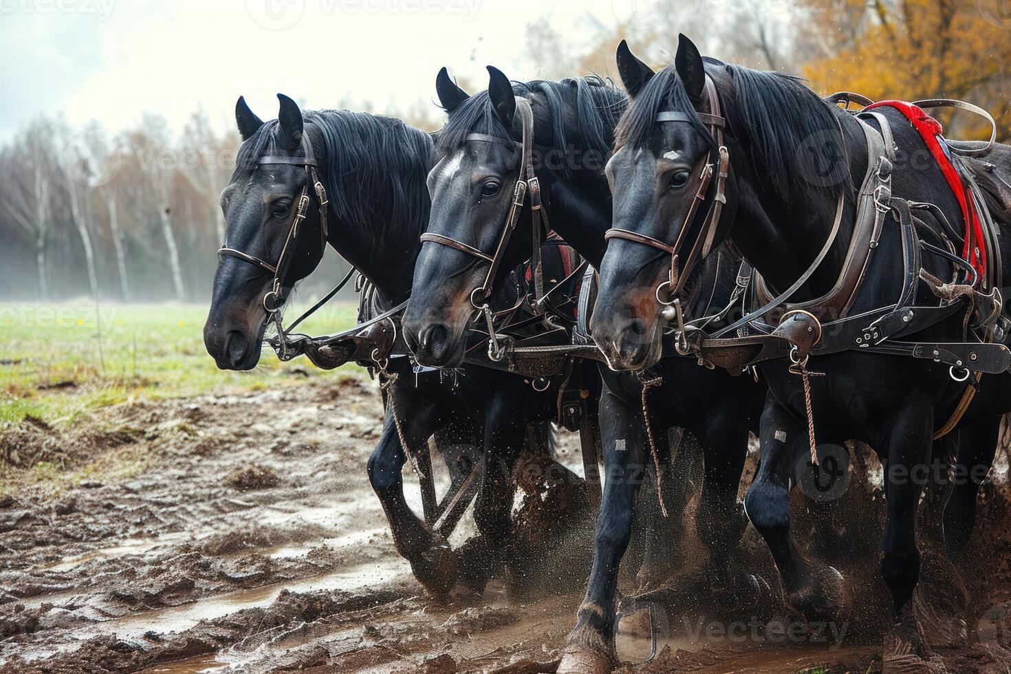 four large black horses with red harnesses are tied to towers, photo