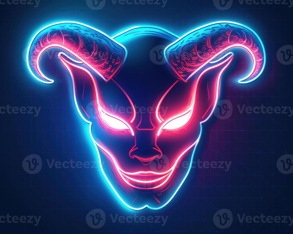the neon glowing head of a neon ram, with an ugly face and long horns, photo