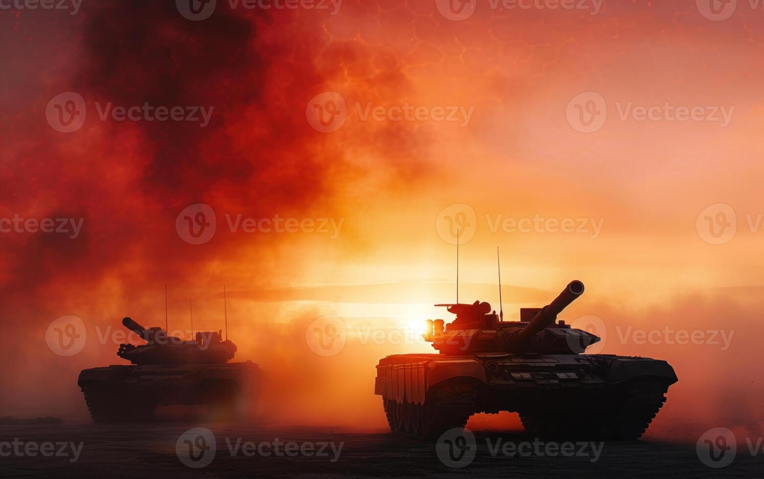 two tanks are sitting in the dirt with red smoke coming from them, photo