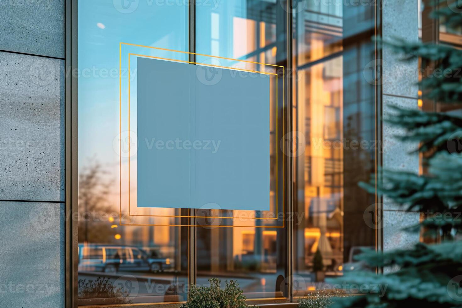 an empty square sign displayed near a tall building, photo
