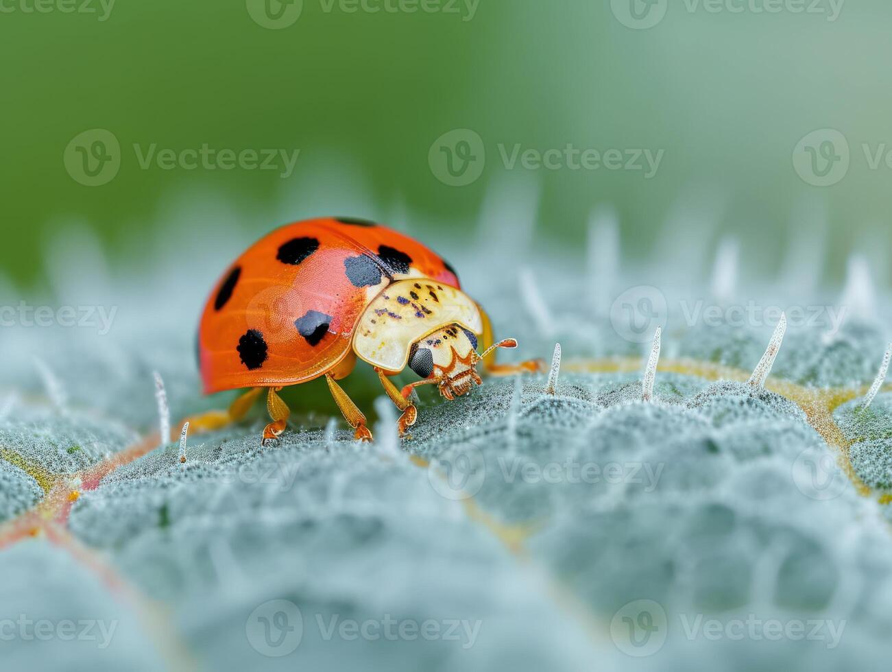 a lady bug crawling on some small green leaf, photo