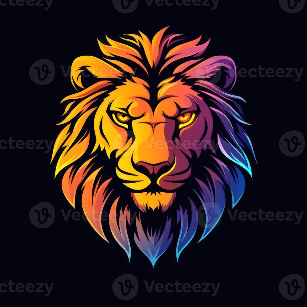 lion head in the night with brightly colored, photo