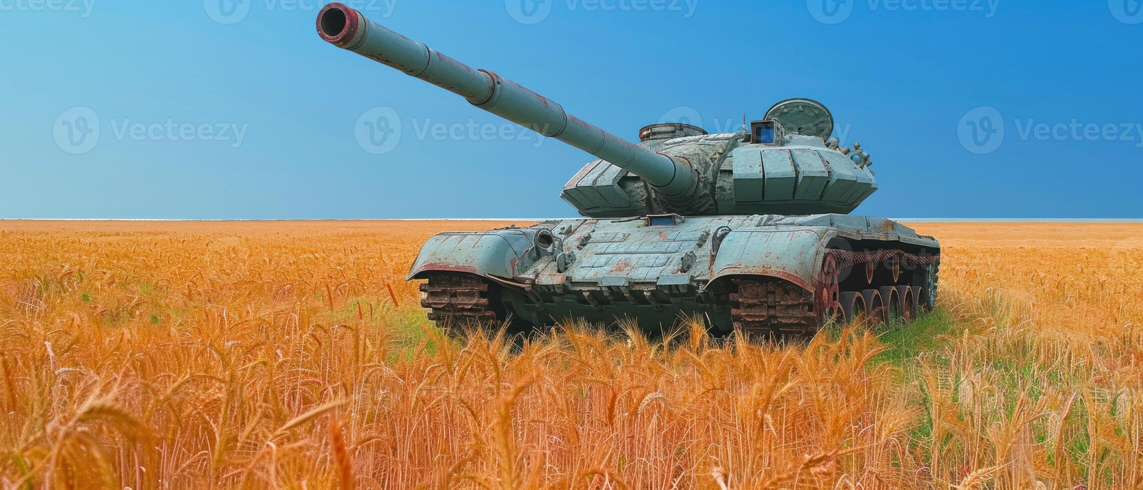 an old tank sits side by side with wheat on the plains, photo