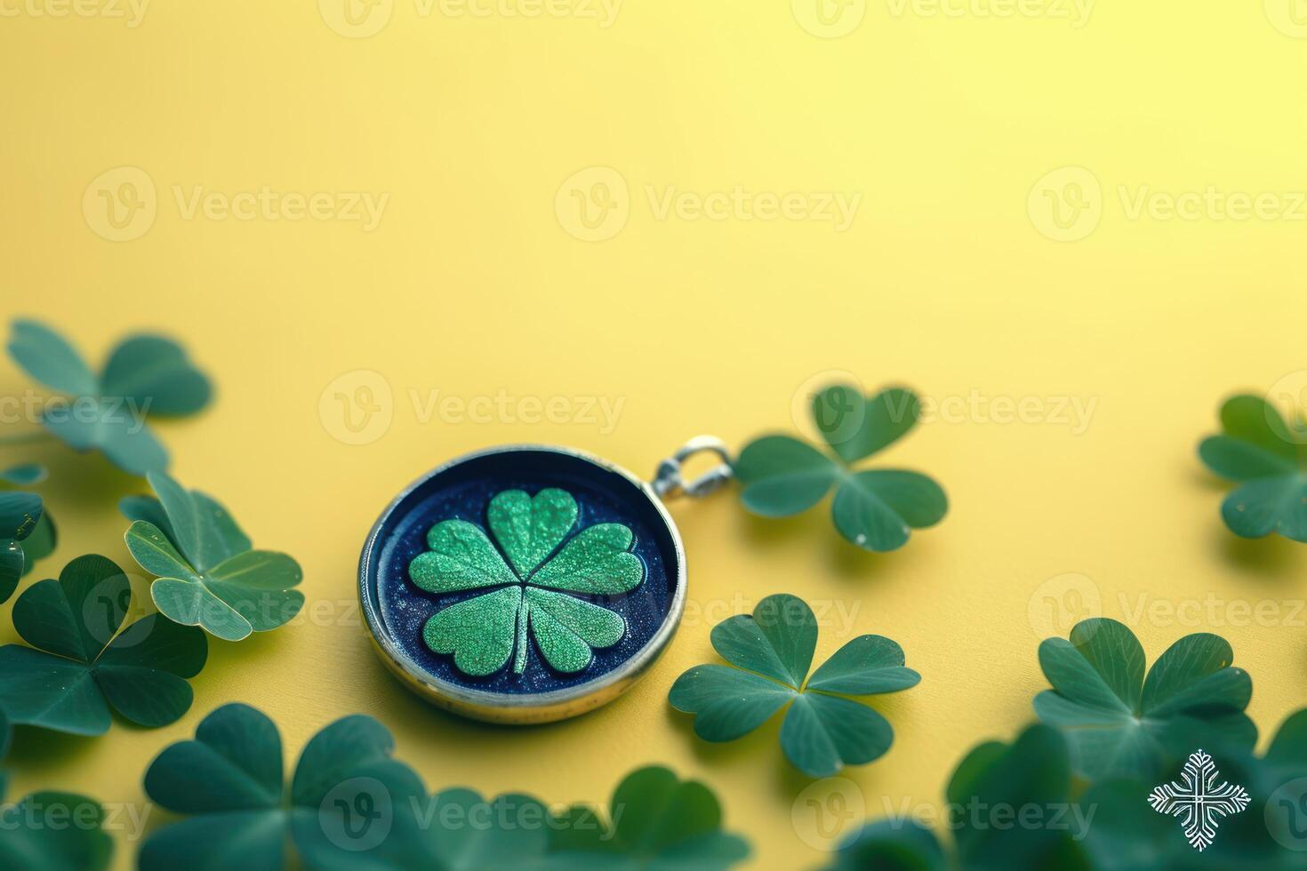 shamrock leaves in a jar filled with water on top of a table, photo