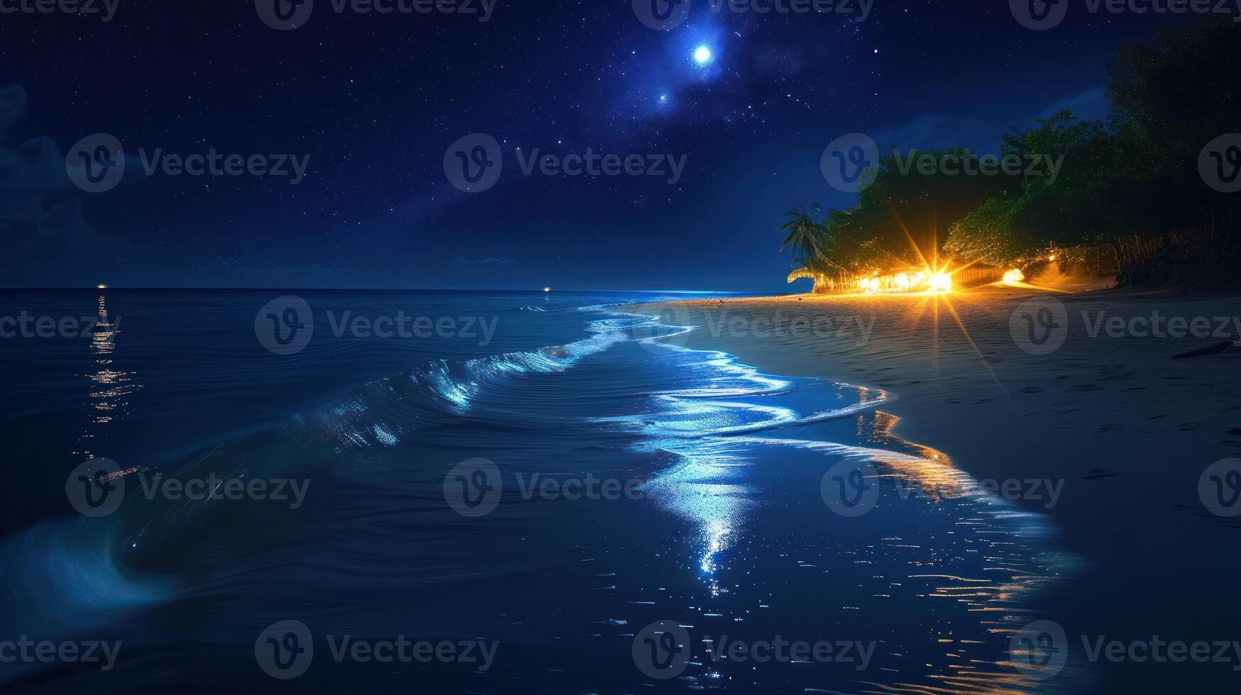 the ocean waves roll onto a beach, shining at moonlight, photo