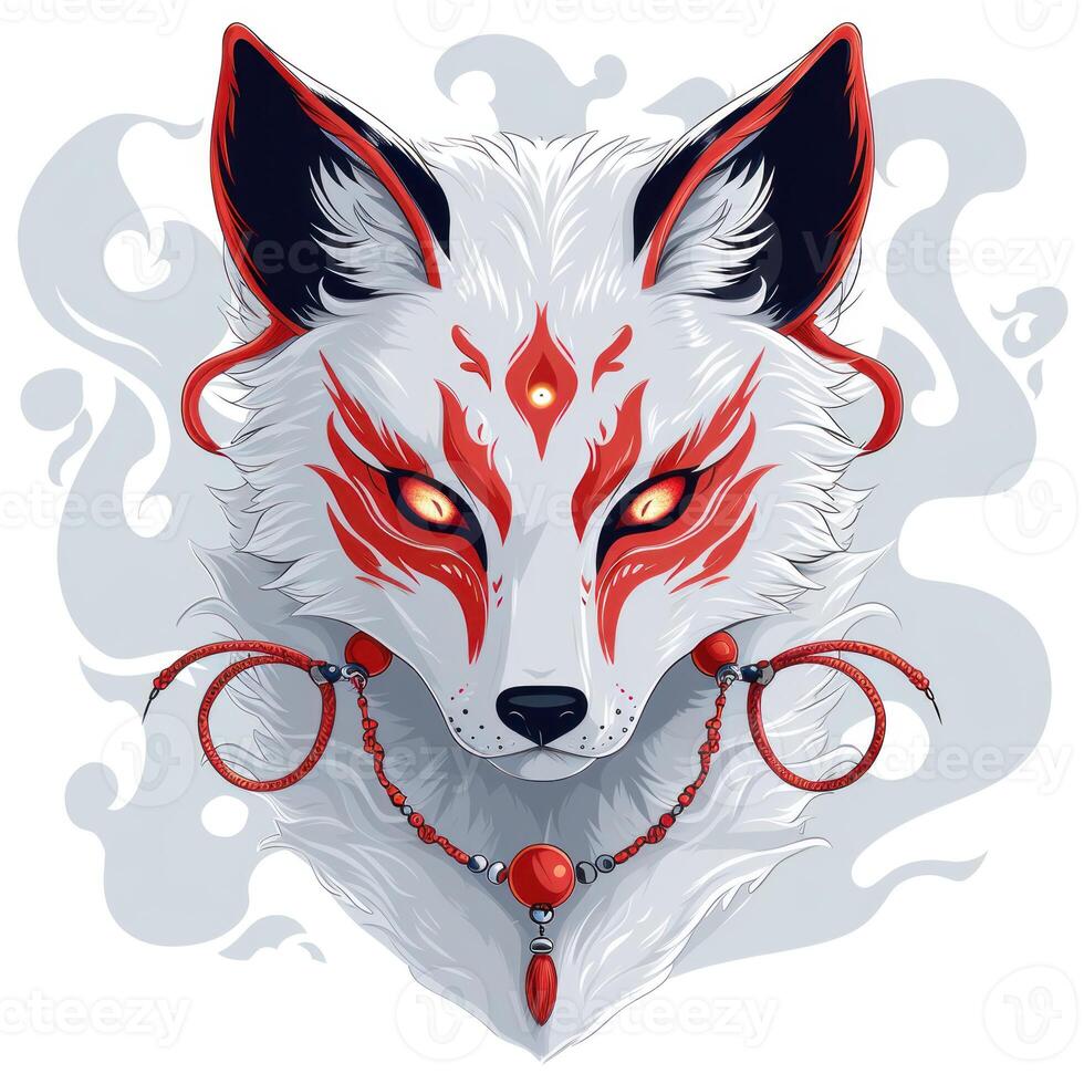 an animal has glowing eyes with red hair and jewelry, photo