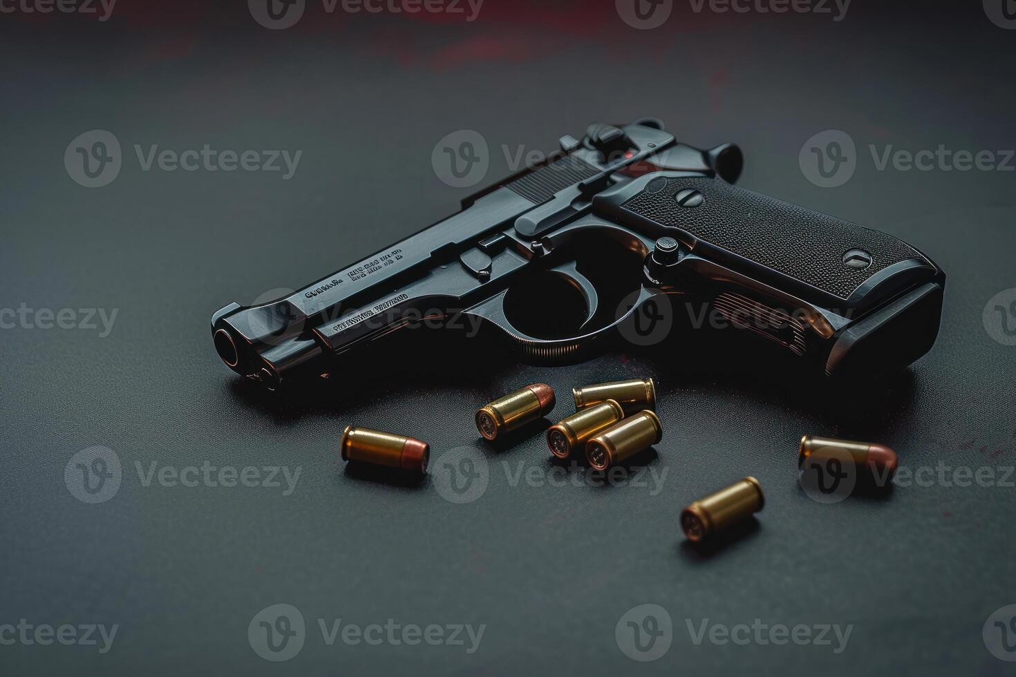 a handgun with bullet shells on a table top, photo