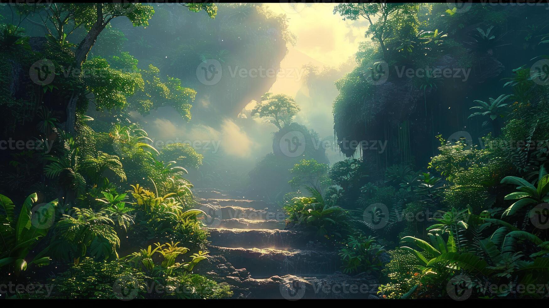 the sun rays are coming down through green, photo