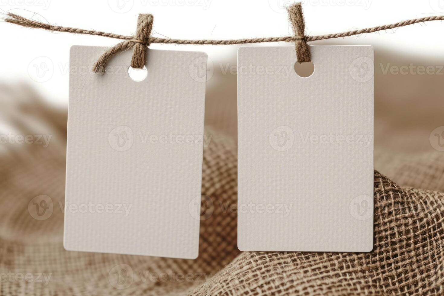 two empty tags hanging from rope with burlock, photo