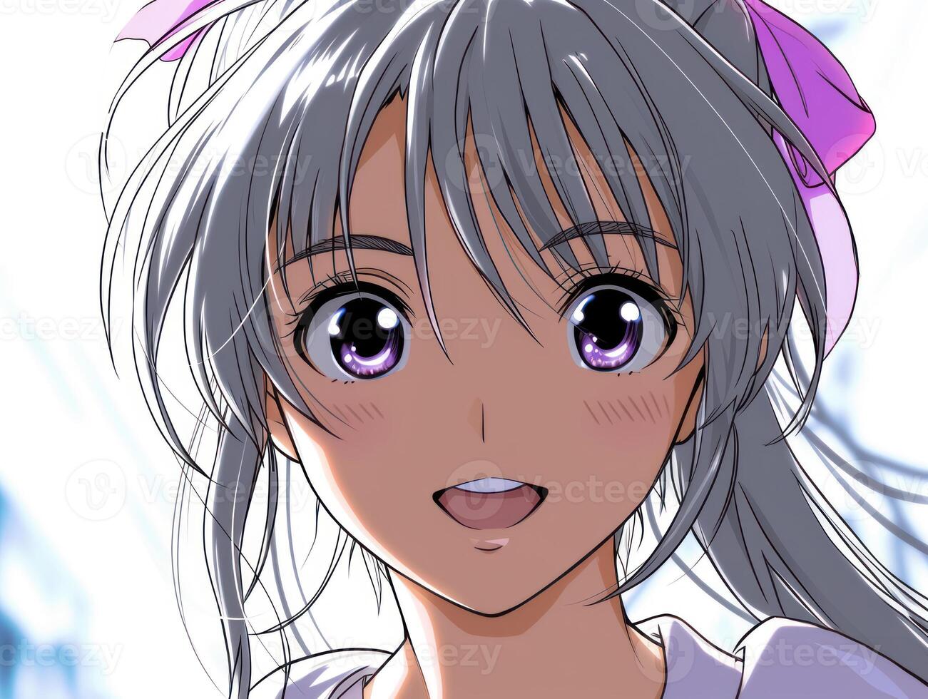 an anime illustration with the eyes and head turned slightly and purple, but only one half a face with black, photo